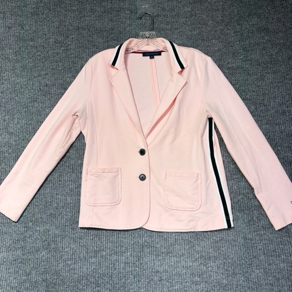 Tommy Hilfiger Pink Knit Blazer Jacket Side Stripe Two Button Womens Large